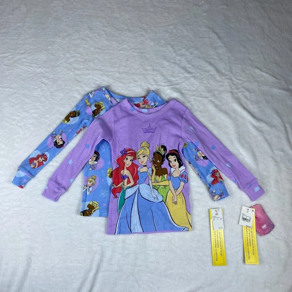 Disney Princess Lot of 2 Pajama Top Girls 4T‎ Purple Cartoon Characters Snug Fit